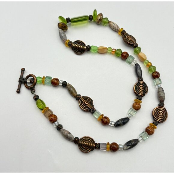Earth Tone Beaded Necklace with Copper Spiral Accents Faux Stone Boho Nature - Picture 2 of 7